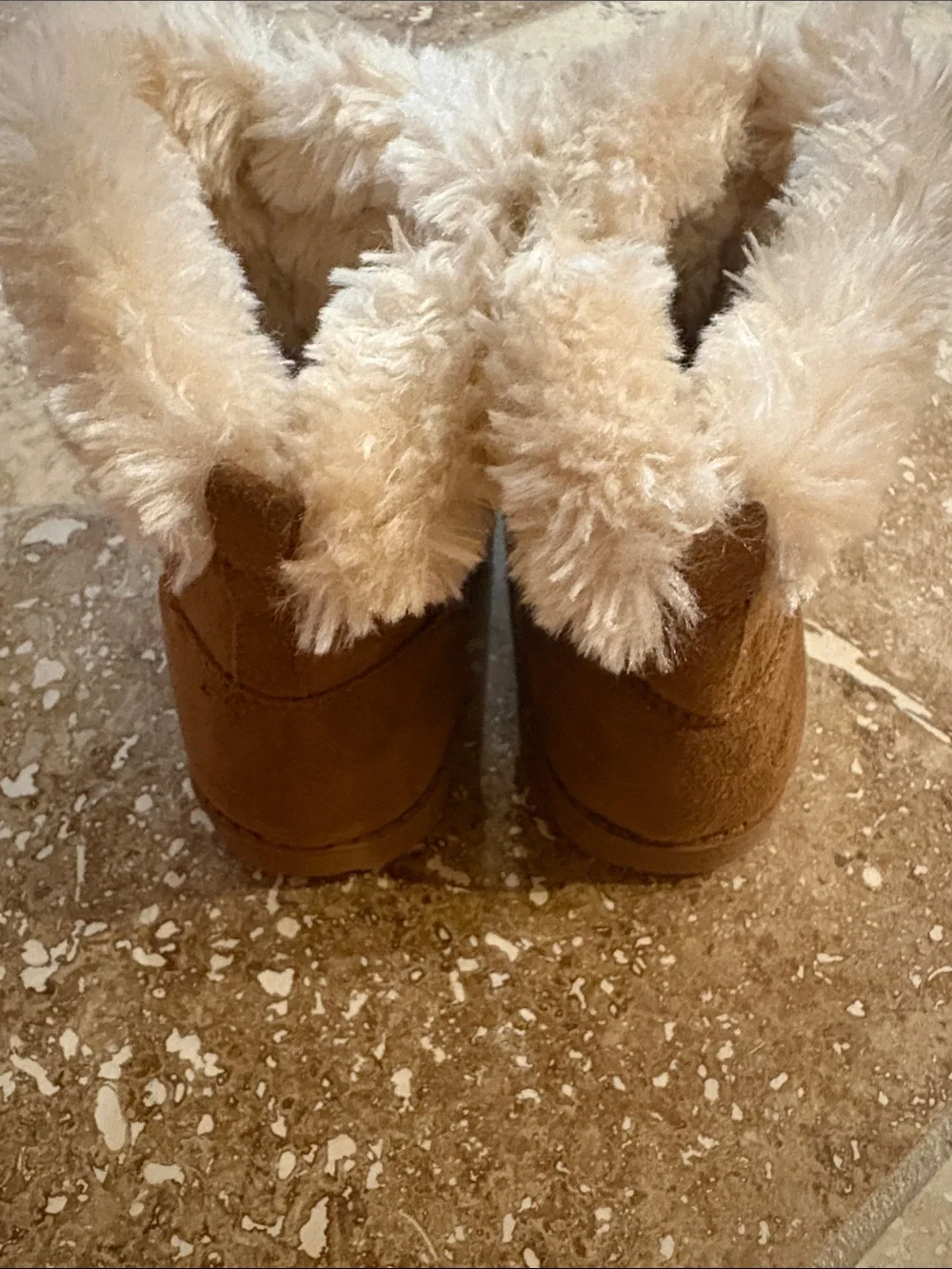 Kids Faux Suede Winter Boots with Cream Fur Trim - Brown